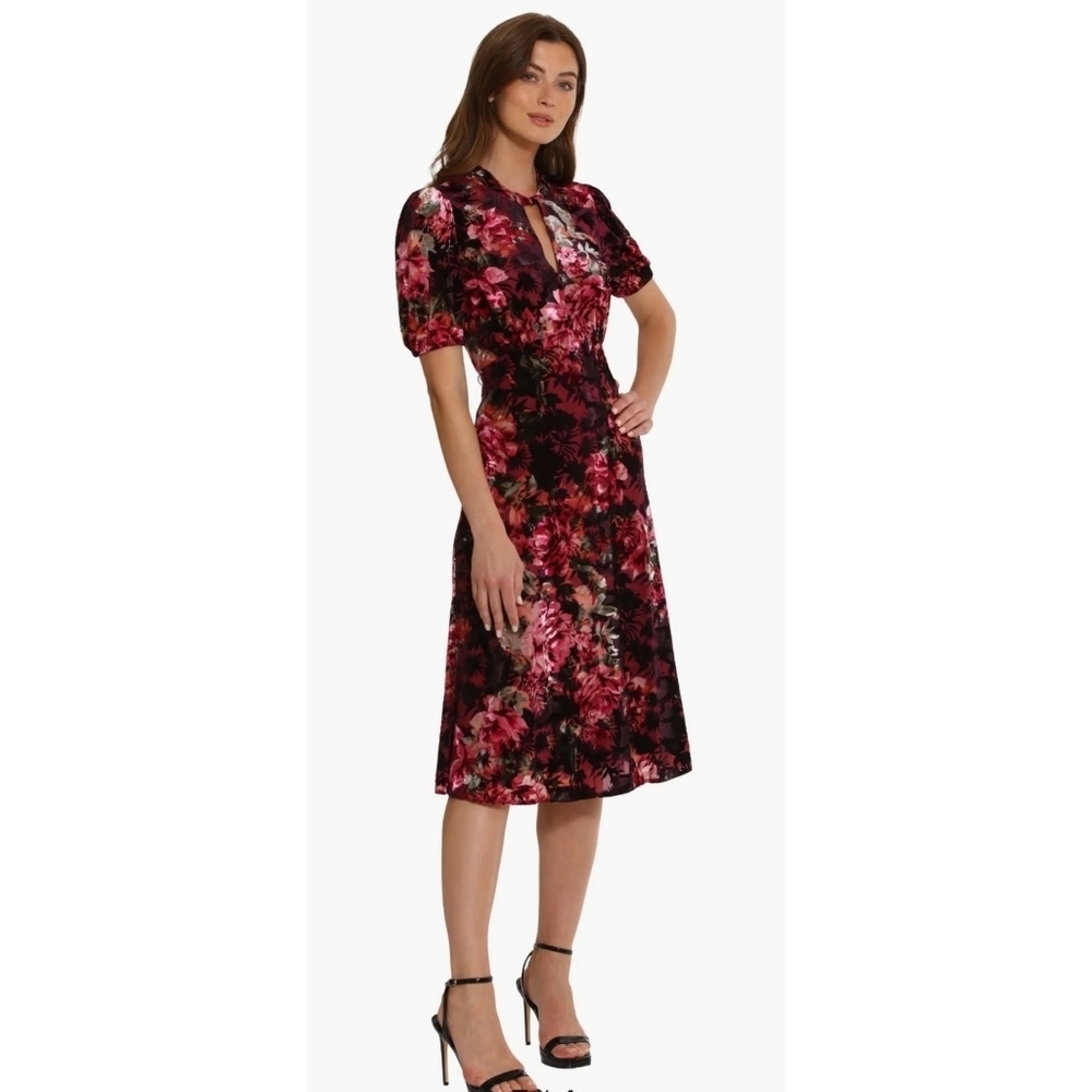 Maggy London Floral Velvet Midi Dress Size 10 Keyhole Neck Empire Waist